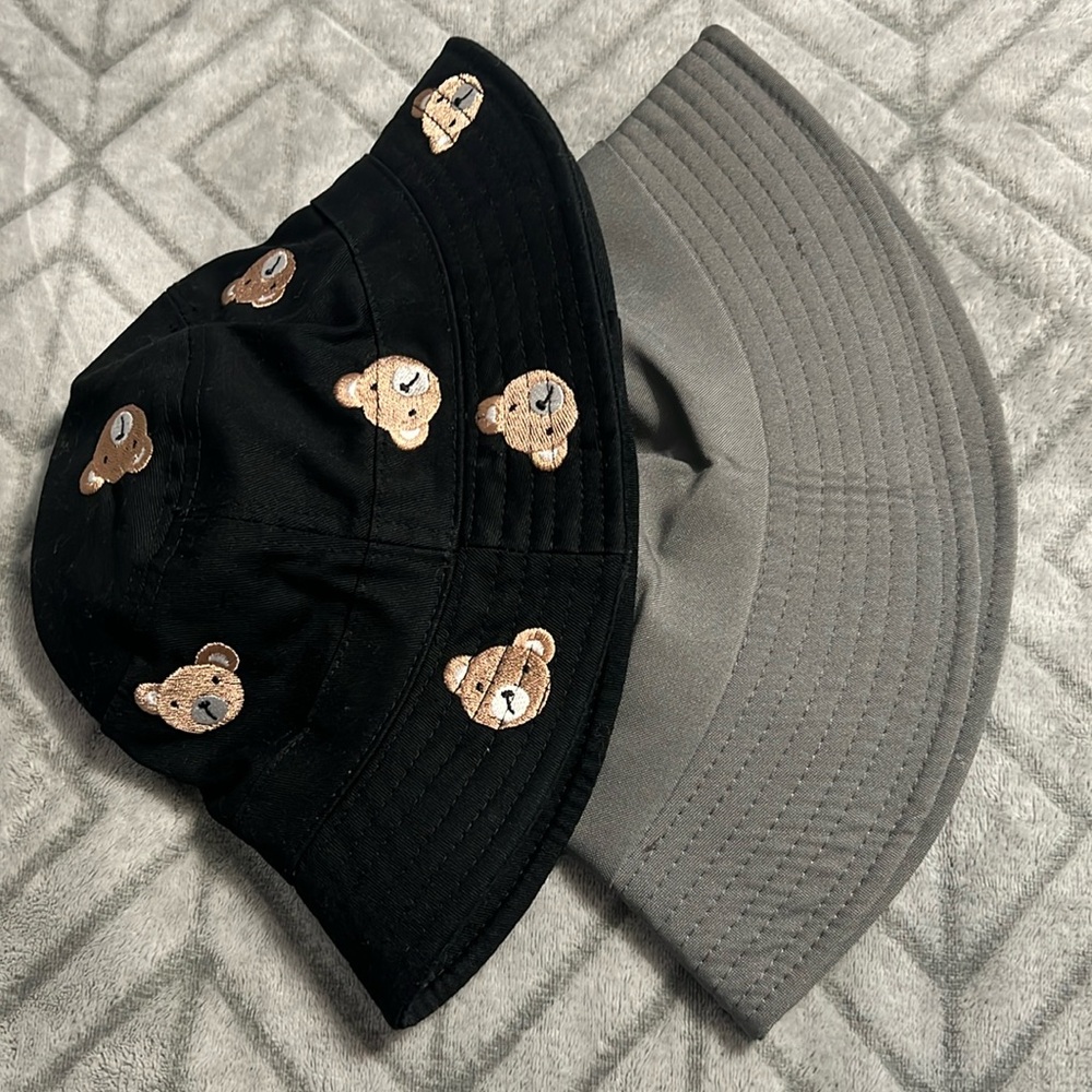 Teddy bear and solid gray bucket hats!